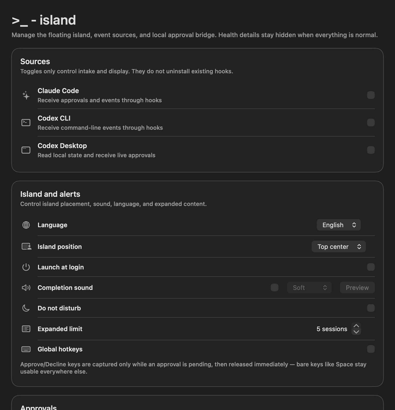 Vibelsland Free 设置界面